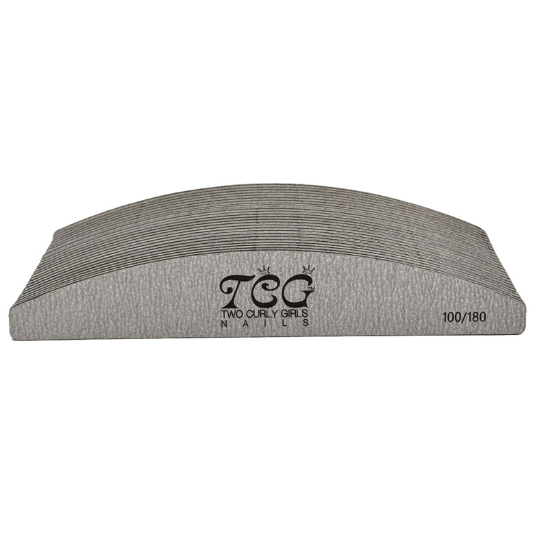 A curved natural nail file with 100/180 grit, branded TCG, primarily gray in color.